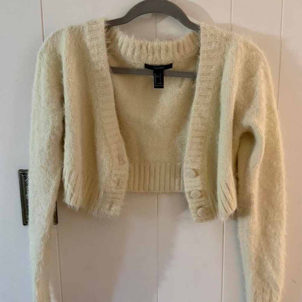 Cream Forever 21 Fuzzy Cropped Cardigan with Button Detail Size S